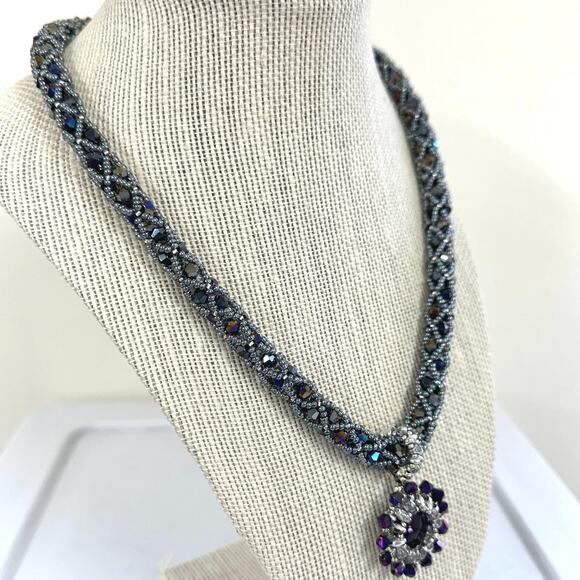 Black purple silver hand beaded necklace 12mm hand bezeled purple crystal 21" - Picture 3 of 8